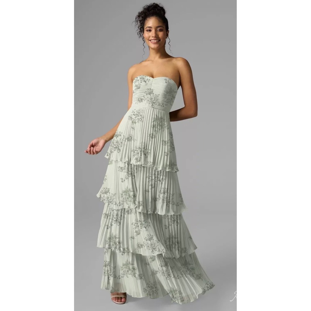 AW Bridal Bryn Dress Pistachio Green Peony Chiffon Strapless Tiered Gown Size 6
